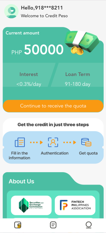 Credit Peso app home screen showing the current amount, three-step application flow, About Us compliance logos, and account navigation